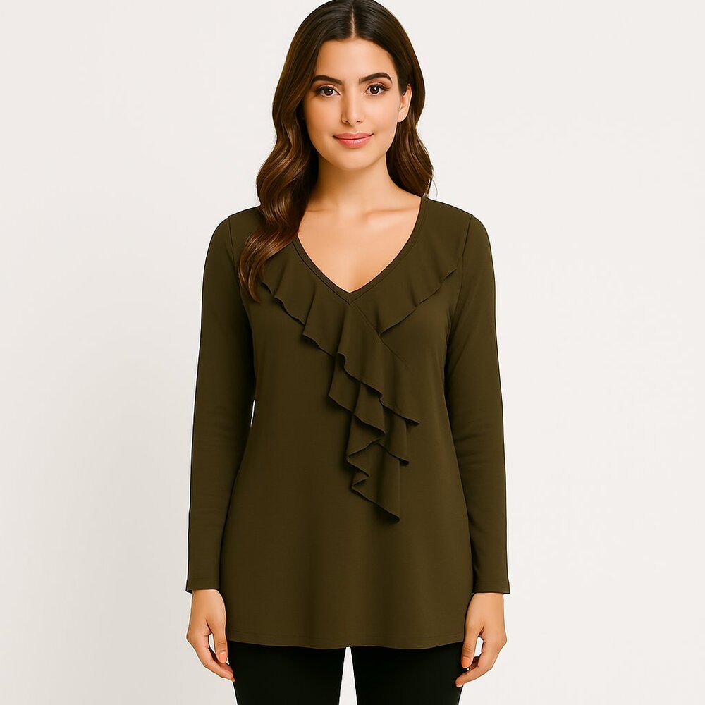 Sympli Black Ruffle V-Neck tunic Top – Elegant & Effortless Size 16